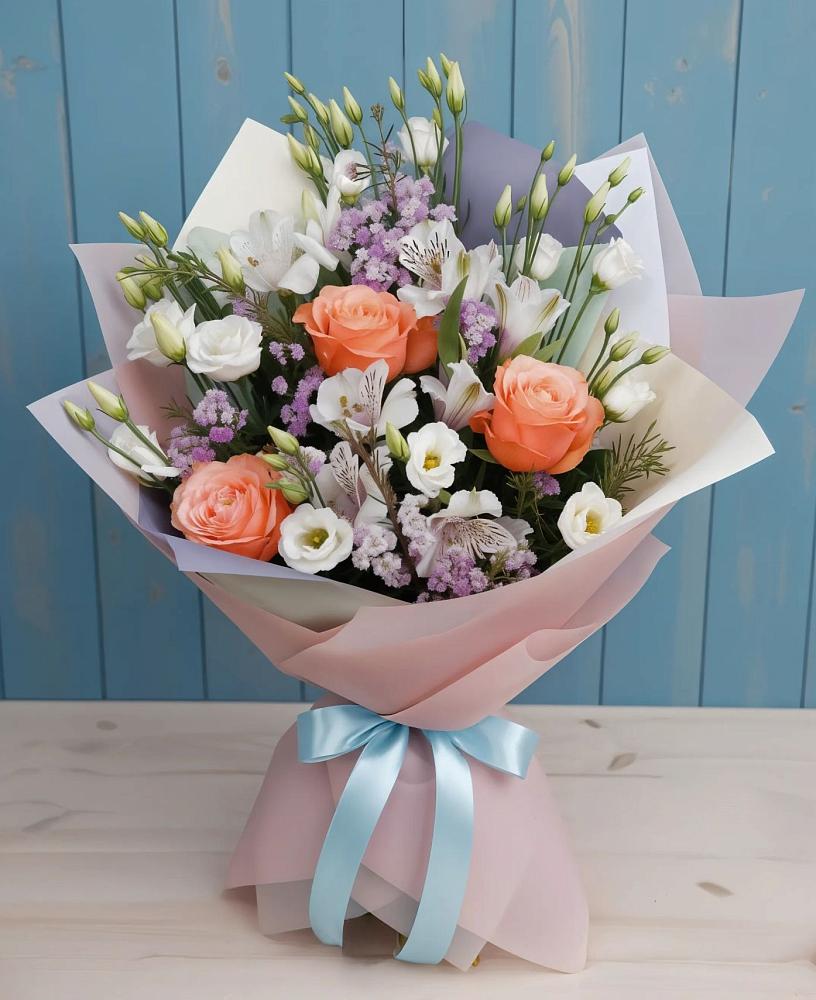 Букет цветов из: Лизиантусы, Розы, Альстромерии и Гипсофила в Таксимо